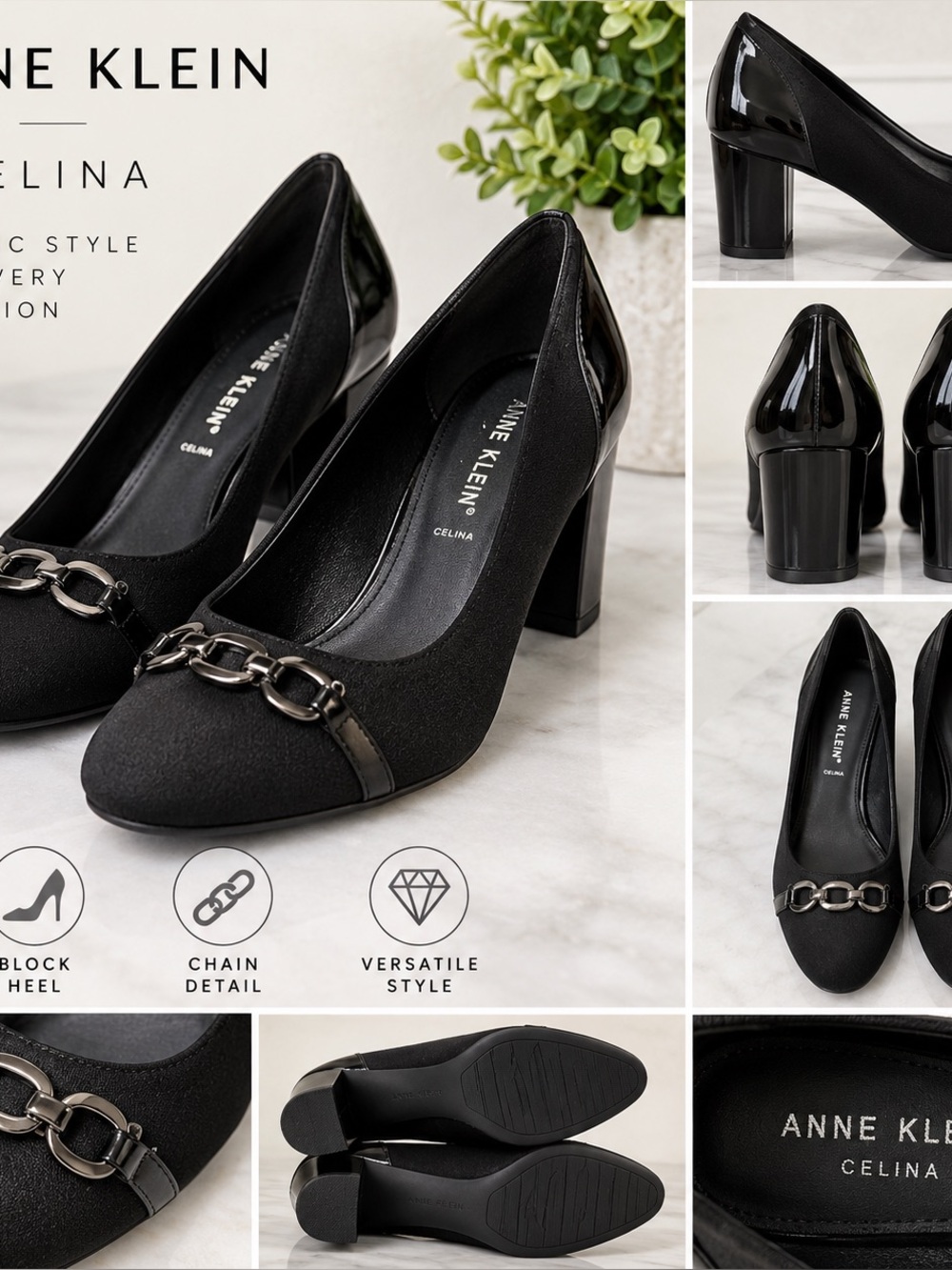 Anne Klein Celina Women’s Black Pumps Chain Detail Block Heel Dress Shoes